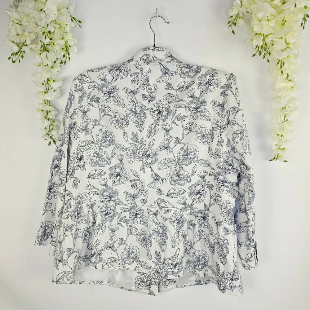 Cato Blazer XL White Gray Floral Linen Blend Lightweight Spring Office Chic